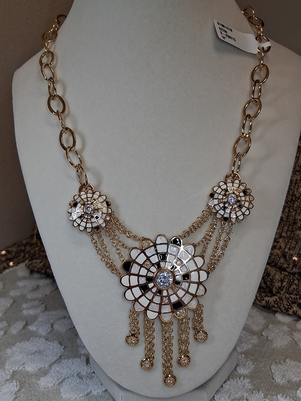 Gold Floral Mosaic Necklace with Black/Cream Enamel and Crystal Accents